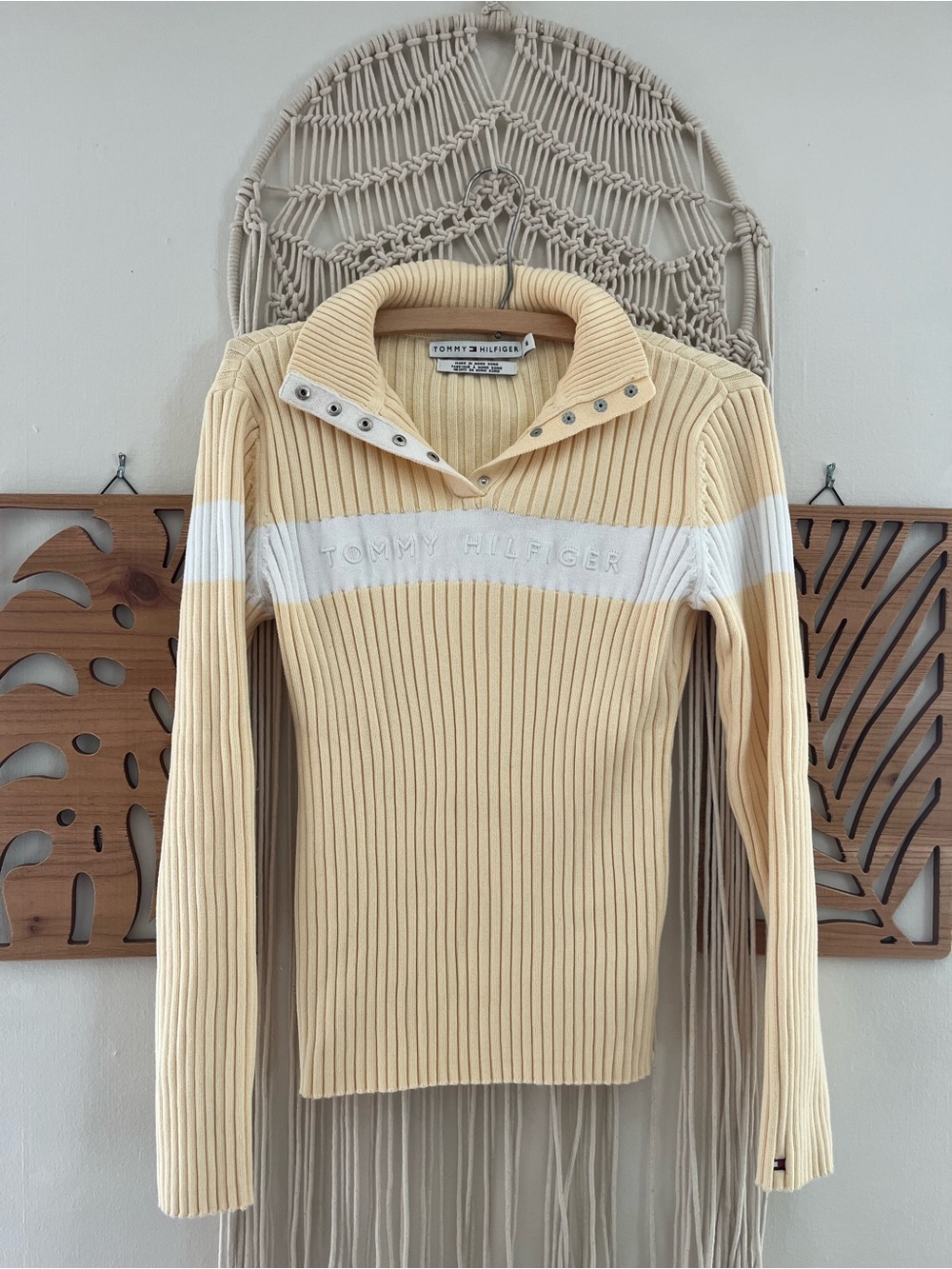Tommy Hilfiger Vintage 90s Yellow Ribbed Snap-Collar Sweater White Stripe Medium